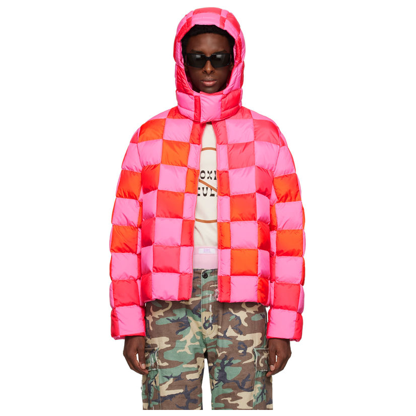 erl 粉色  红色 gradient checker 连帽填充夹克短外套男