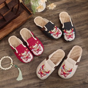 虎头勃肯鞋女一脚蹬棉麻绣花包头草编拖鞋民国风平底刺绣汉服半拖