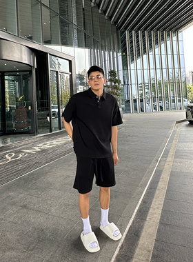 JZD【黑色星期天】夏季美式通勤短袖POLO阔腿短裤休闲时尚套装男