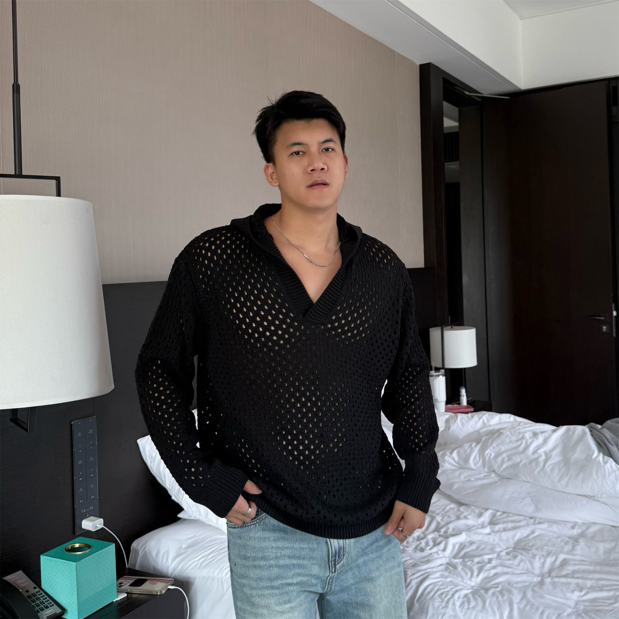 JZD美式复古镂空设计感针织衫男