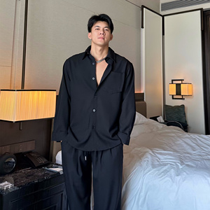 膀子哥JZD 秋季时尚套装宽松休闲痞帅垂坠长袖衬衫休闲裤两件套男