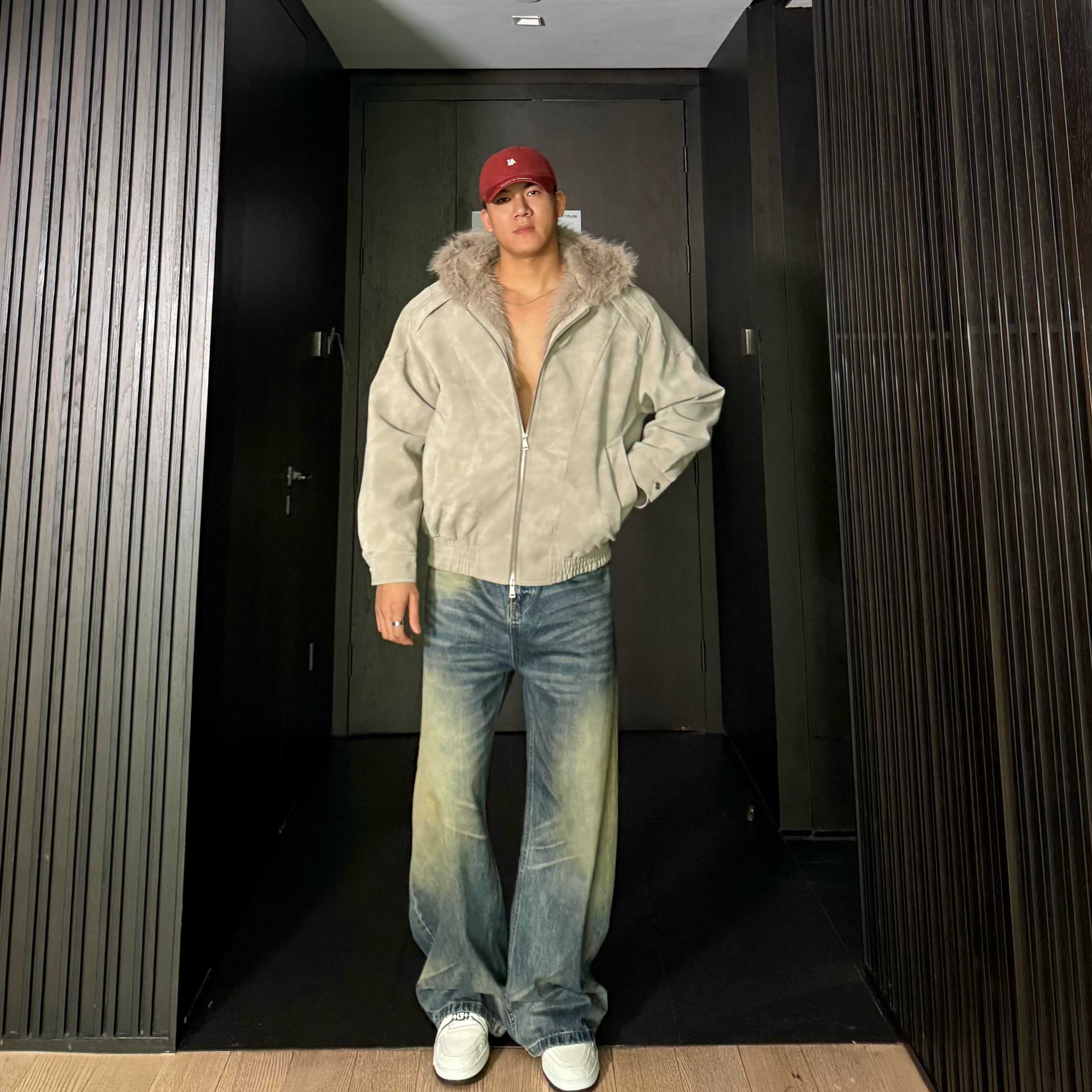 JZD 杏/深灰/黑 冬季毛领座山雕保暖棉服/美式复古廓形仿皮棉衣男