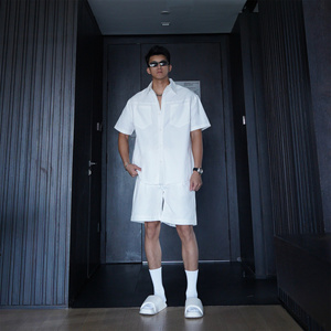 JZD【上身显壮】美式高街痞帅时尚套装 挺括宽松休闲短袖衬衫短裤