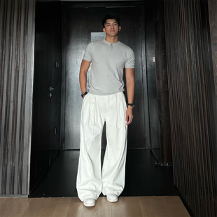 JZD【半日偷闲】美式复古弯刀阔腿休闲长裤弧形剪裁百搭牛仔裤男