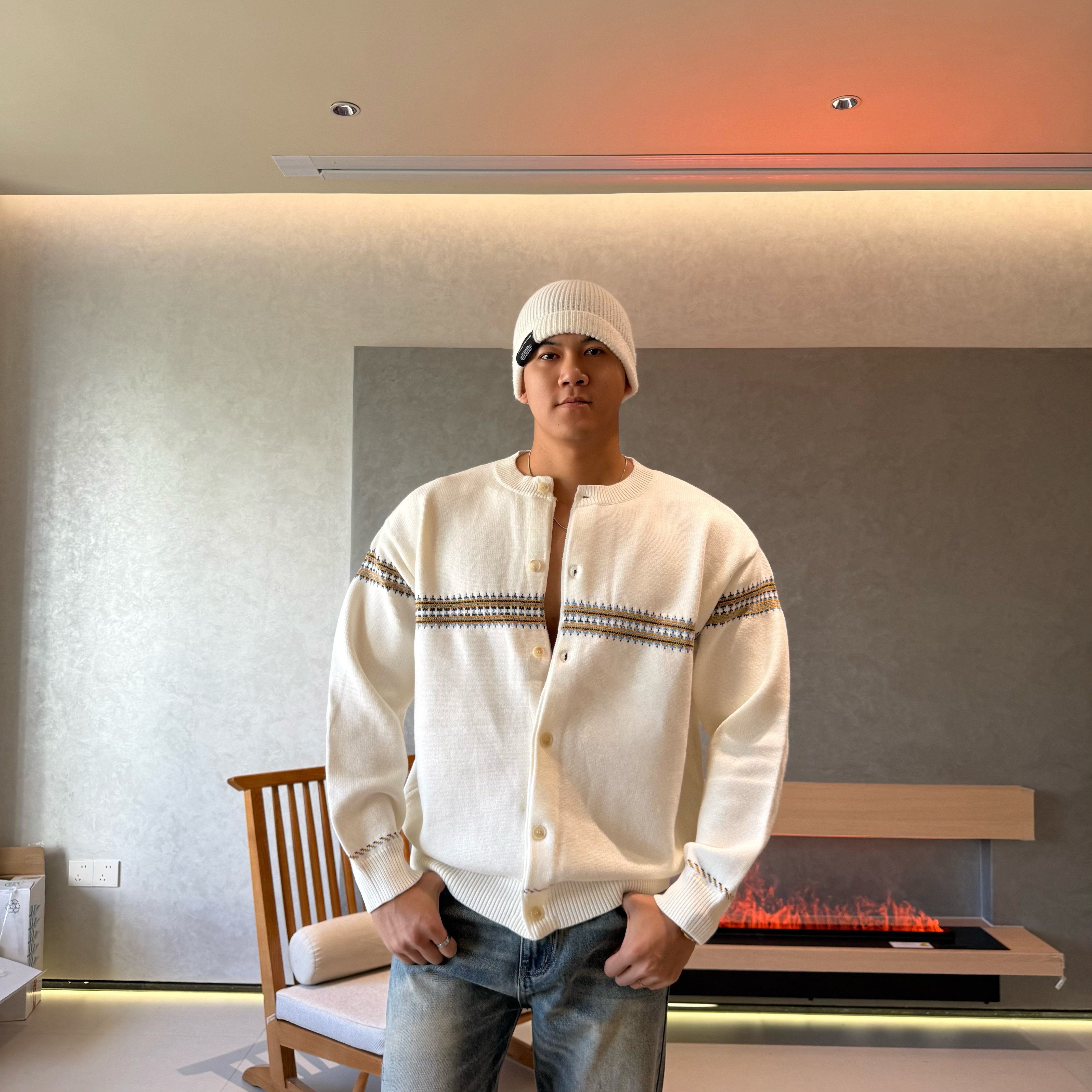 JZD 白/黑 秋冬通勤百搭针织开衫 圆领条纹宽松休闲毛衣外套男,男装,针织衫/毛衣,淘宝优惠券,粉丝福利购,淘宝优惠卷