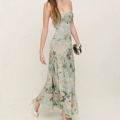 Ref绿色花卉印花性感吊带连衣裙