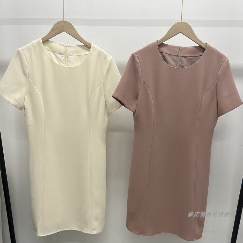 女士外贸纯色黑色粉色品质醋酸圆领高腰气质收腰垂坠修身连衣裙