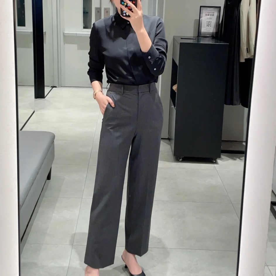 插袋设计羊毛混纺利落直筒西裤