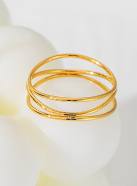 轻奢淑女系法国风情新款简约细线条交织戒指小众设计钛钢镀金指环