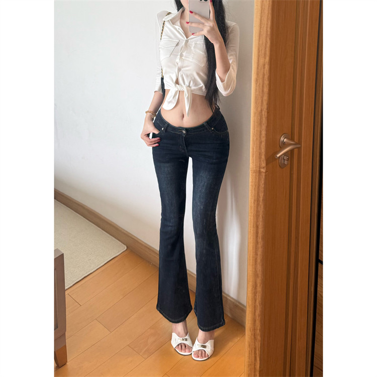 韩国丰胯裤无痕丰胯蜜臀牛仔微喇裤女九分裤深蓝V腰藏肉包臀裤