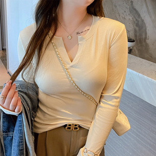 女v领螺纹长袖 工厂微胖mm打底衫 t恤秋冬显瘦高级感正肩上衣可外穿
