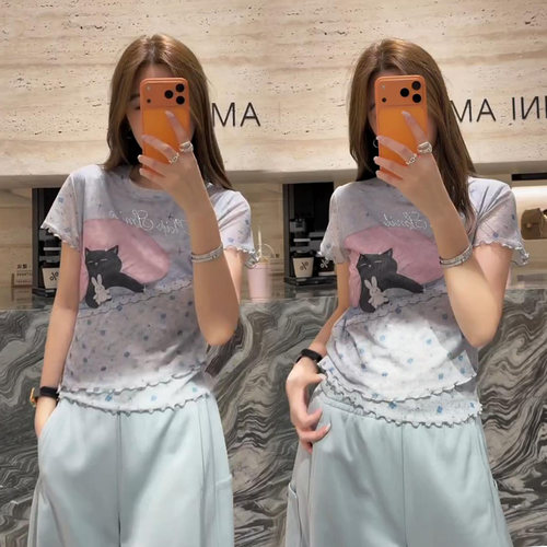 甜美可爱小猫印花网纱修身T恤女