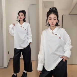 新中式花边立领钉珠刺绣衬衫女温柔风高级感百搭白色斜襟长袖上衣