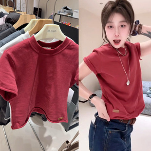 欧货2025年新款卷边磨毛短袖T恤女圆领纯色百搭休闲半袖打底上衣