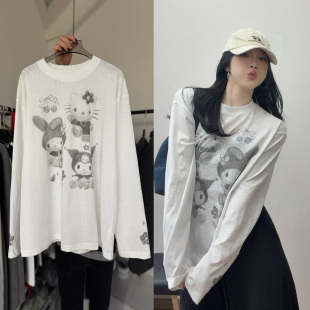 慵懒风宽松百搭显瘦上衣 新款 欧货卡通猫咪印花长袖 T恤女2026春季