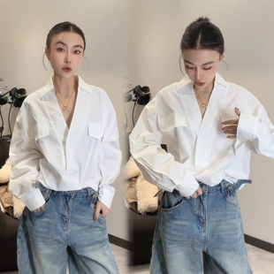 轻熟法式风白色V领长袖衬衫女2026春季款宽松百搭显瘦高级感上衣