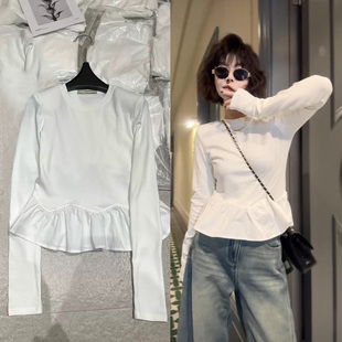 T恤女设计感拼接时尚 圆领荷叶边长袖 百搭上衣潮 2026新款 欧货春季