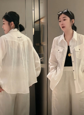 欧货慵懒风白色亚麻衬衫女夏季宽松长袖防晒衫百搭高级感薄款外套