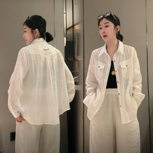 欧货慵懒风白色亚麻衬衫女夏季宽松长袖防晒衫百搭高级感薄款外套
