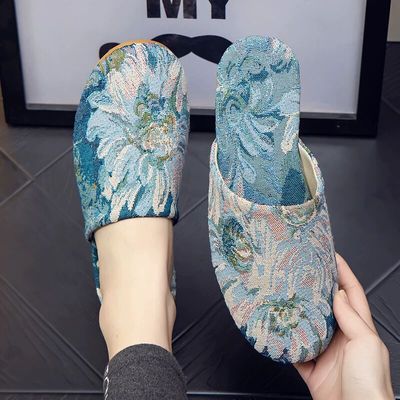 布艺包头拖鞋男女春秋季情侣家居室内家用防滑透气软底试衣间拖鞋