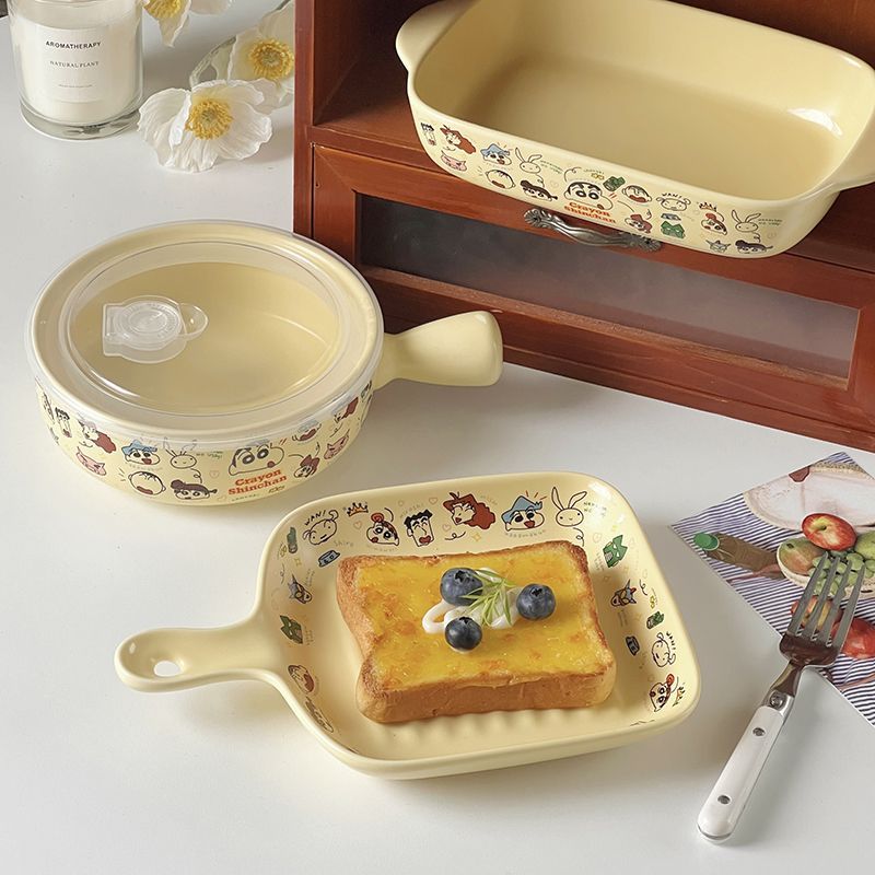 蜡笔小新陶瓷少女手把碗烤盘手柄盘一人食下彩饭碗奶油色餐具套装