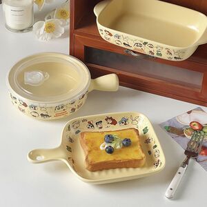 蜡笔小新陶瓷少女手把碗烤盘手柄盘一人食下彩饭碗奶油色餐具套装