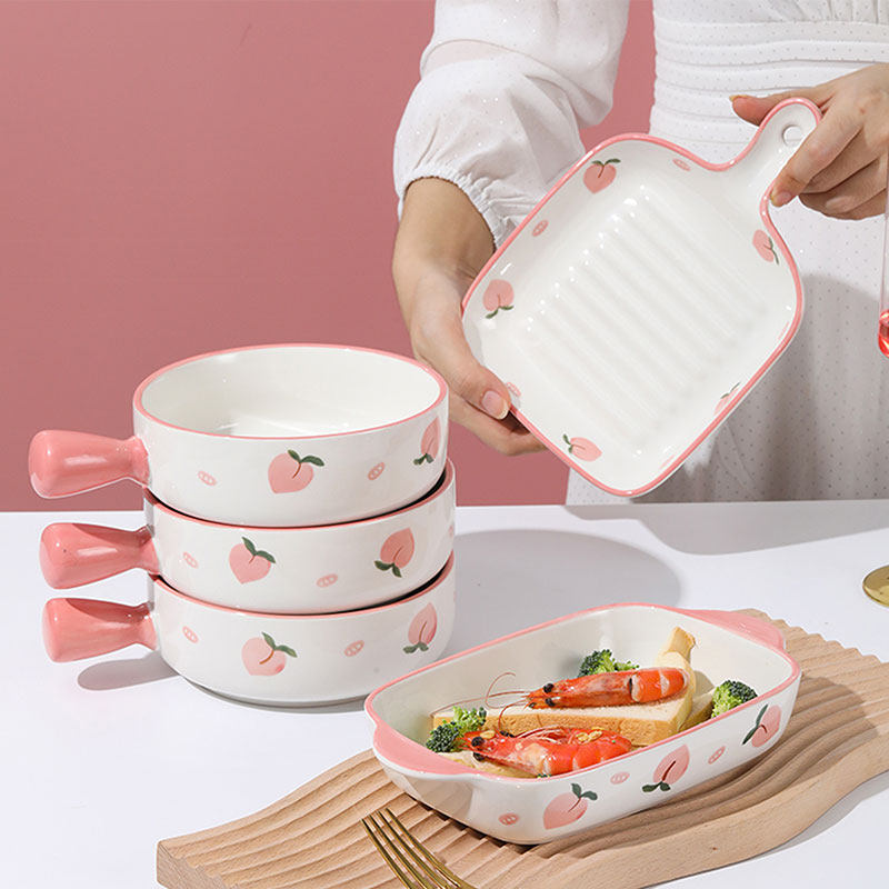 可爱桃子ins手绘手柄陶瓷焗饭碗图片