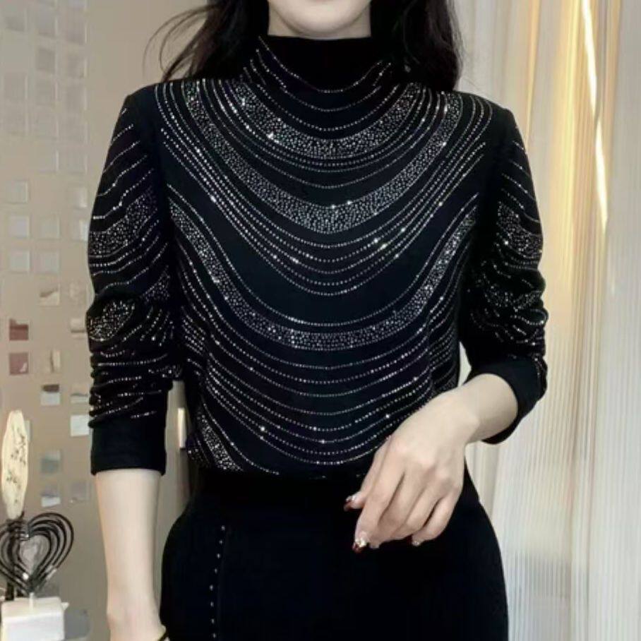 重工烫钻半高领打底衫女新