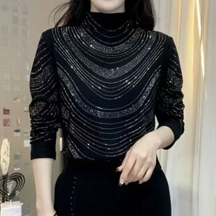 重工烫钻半高领打底衫女新款春秋冬天大码长袖显瘦减龄妈妈装上衣