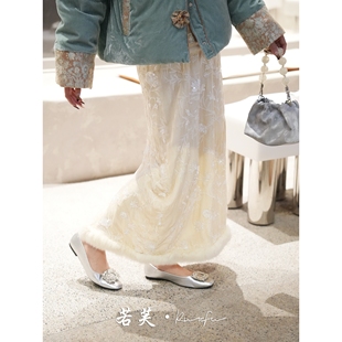 若芙｜ 国风真丝丝绒拼接水貂毛半身裙 白雪收冬色