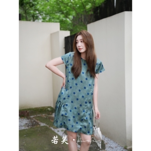 若芙|【青波蓝点】夏季新中国国风桑蚕丝香云纱礼赫本连衣裙女