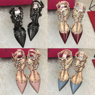 伴娘婚鞋 2026夏铆钉高跟鞋 真皮T型绑带尖头女鞋 细跟柳丁大码 凉鞋