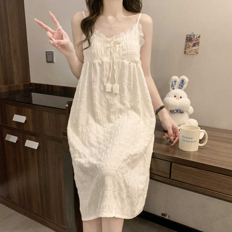 公主风睡衣女新款夏季纯棉带胸垫吊带睡裙性感杏色甜美宽松家居服