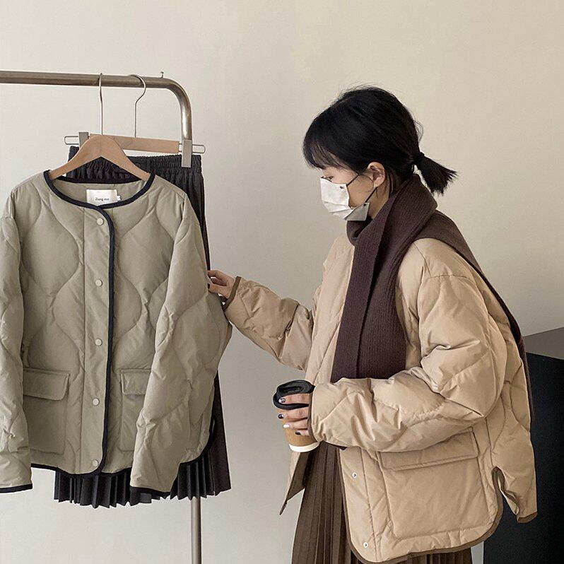 小香风撞色拼接无领菱格羽绒棉服女冬季超好看短款圆领棉衣外套