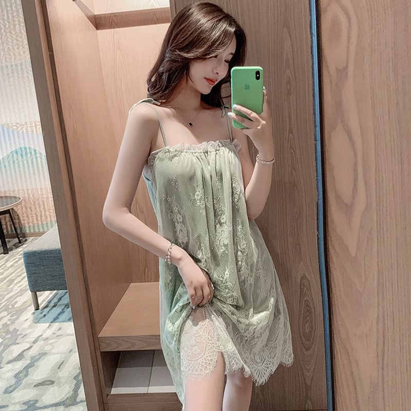 性感睡衣女蕾丝吊带睡裙透明薄款大码带钢圈宽松冰丝小胸聚拢内衣