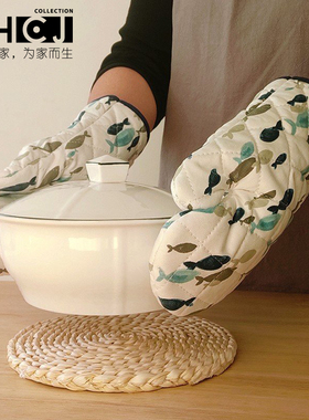 SHCJ棉质加厚地中海蓝色小鱼微波炉手套烘焙用隔热手套隔热垫家用