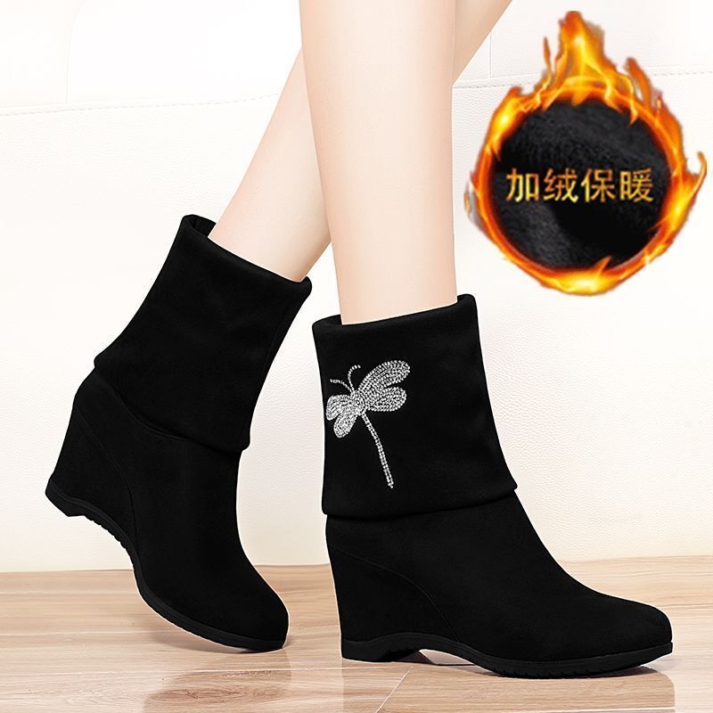 2025秋冬季新款中筒靴子韩版坡跟内增高弹力女靴百搭加绒两穿短靴