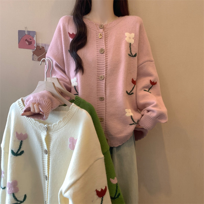 大码毛衣开衫外套女春秋冬款新款韩版时尚温柔风甜美绣花宽松显瘦