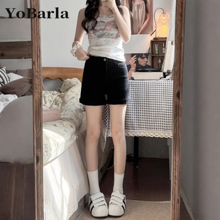 黑色弹力牛仔短裤 女夏薄款 大码 胖mm遮肚显瘦梨形身材高腰a字热裤