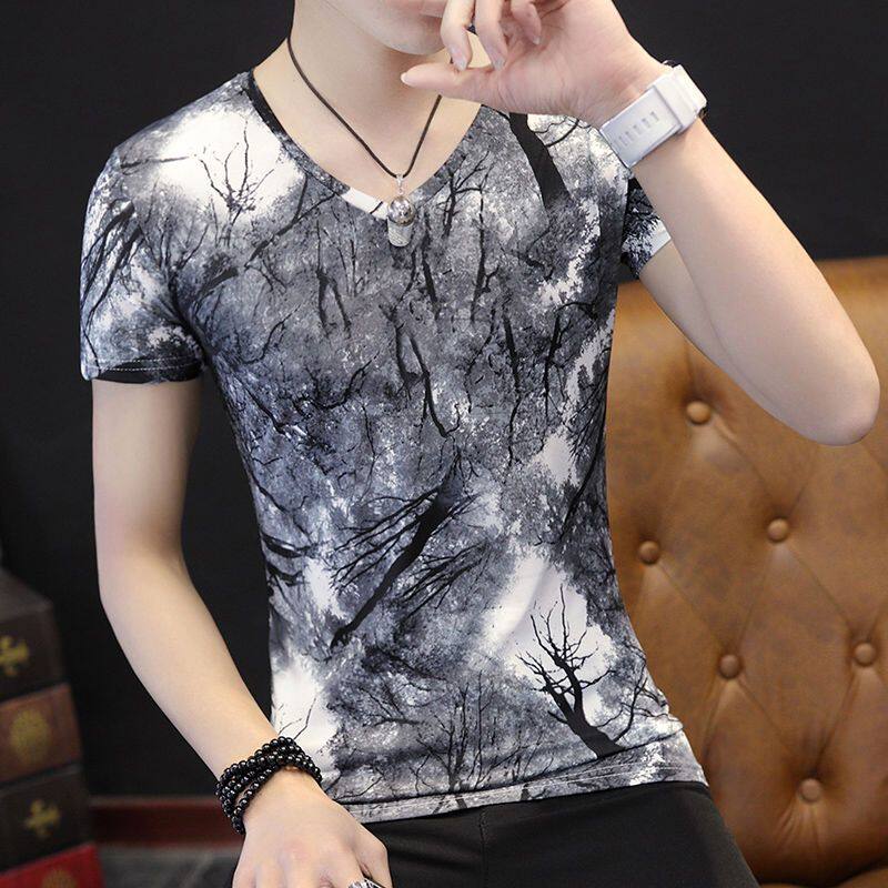 2024夏季新款冰丝男短袖花T恤V领韩版青年修身男装半袖打底衫上衣
