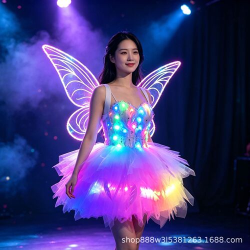 LED七彩网纱裙甜美羽毛欧根纱蓬蓬裙舞会公主裙夜场舞台表演翅膀