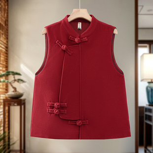 新中式国风盘扣背心女短款百搭2025新款韩版纯色毛呢坎肩马甲冬