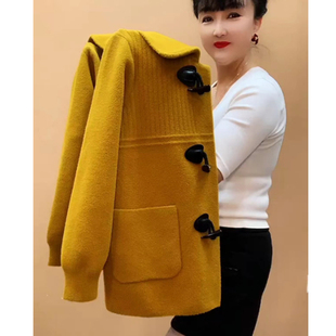 短款翻领开衫新款针织双面绒单排羊角扣长袖口袋宽松显瘦女外套厚