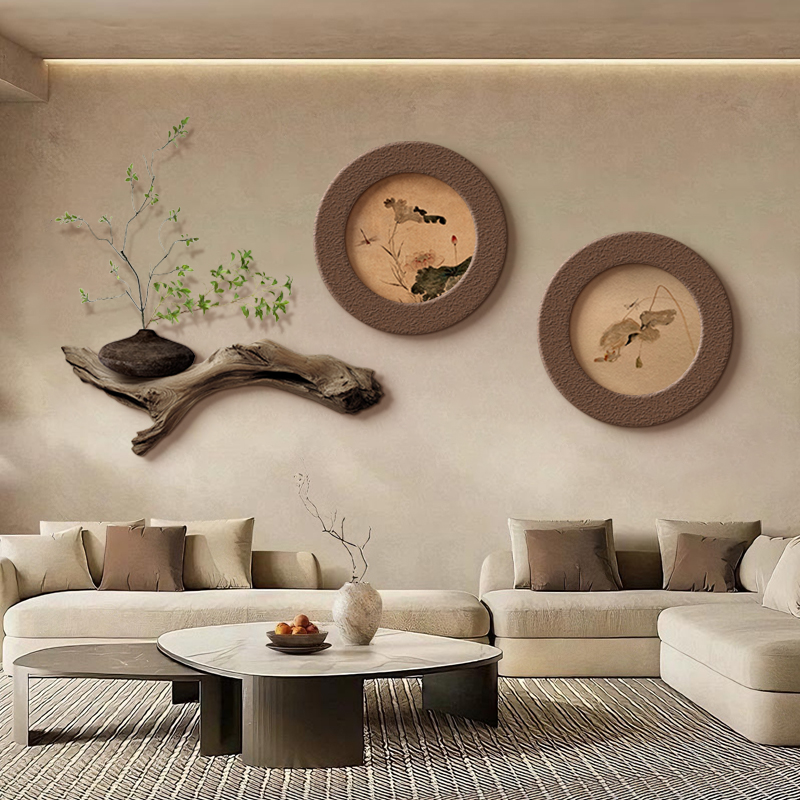 中古风荷叶客厅装饰画侘寂高级感沙发后面背景墙玄关挂画高档大气