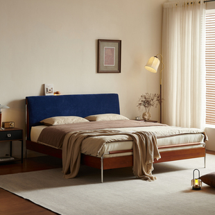 波尔床中古实木床卧室软包布艺床头小户型主卧家用复古1.8m双人床