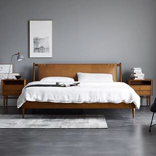 北欧轻奢实木真皮床头层牛皮中古复古小户型主卧床1米8双人床