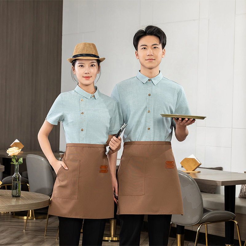 明线翻领服务员服衬衣短袖春夏秋