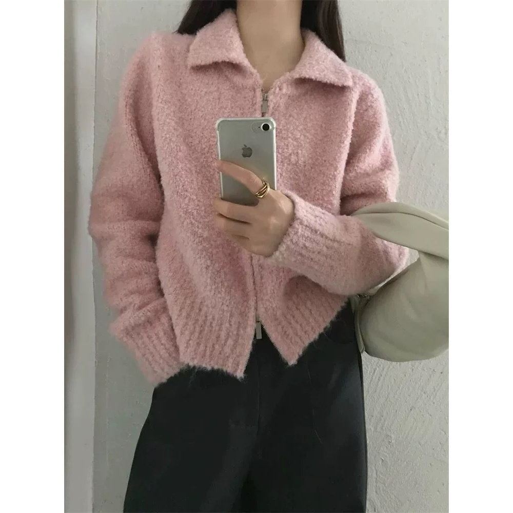 园园美衣针织开衫秋冬新款复古翻领圈圈毛拉链短款休闲毛衣外套女