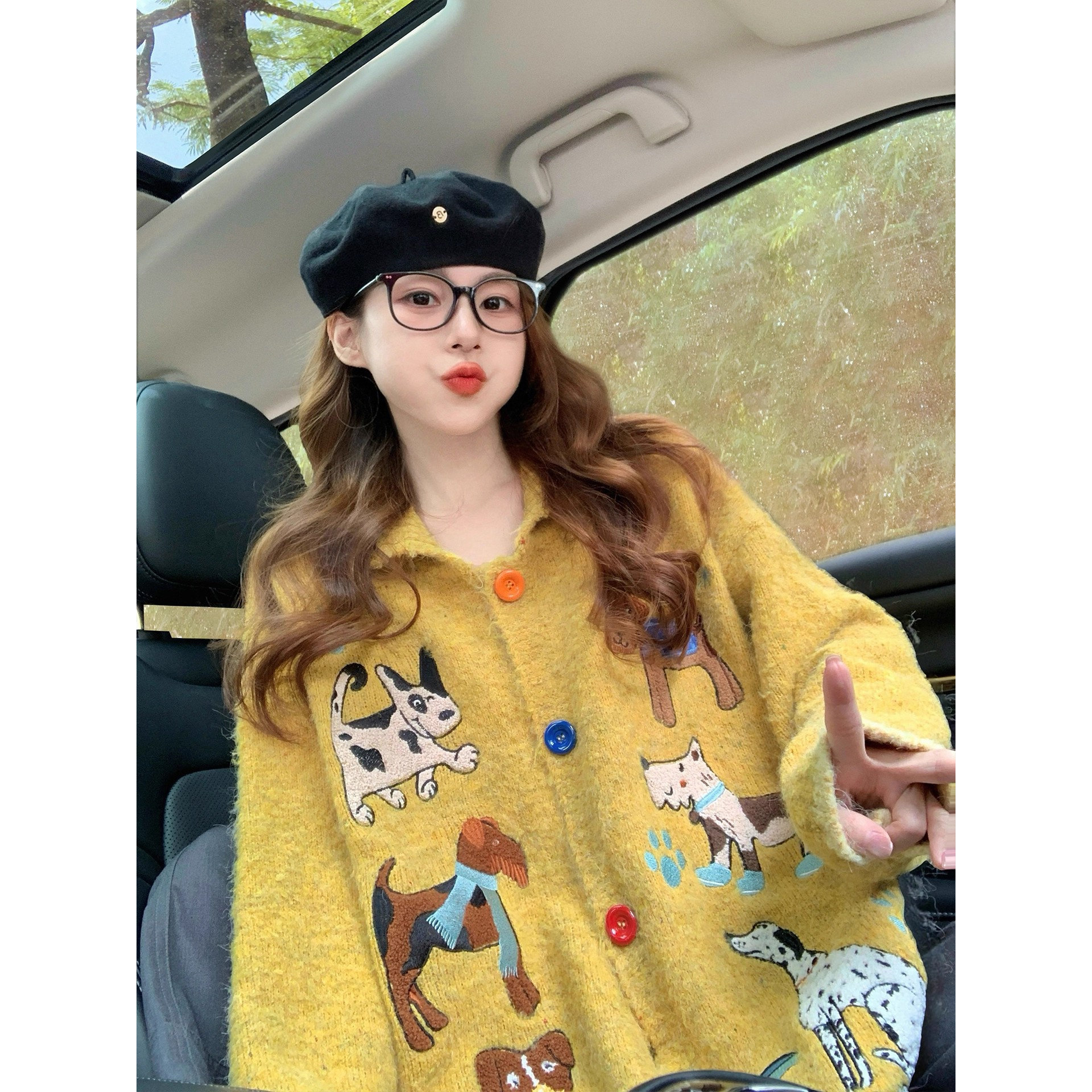 园园美衣翻领毛衣开衫女2026新款冬季加厚重工刺绣学院风针织外套