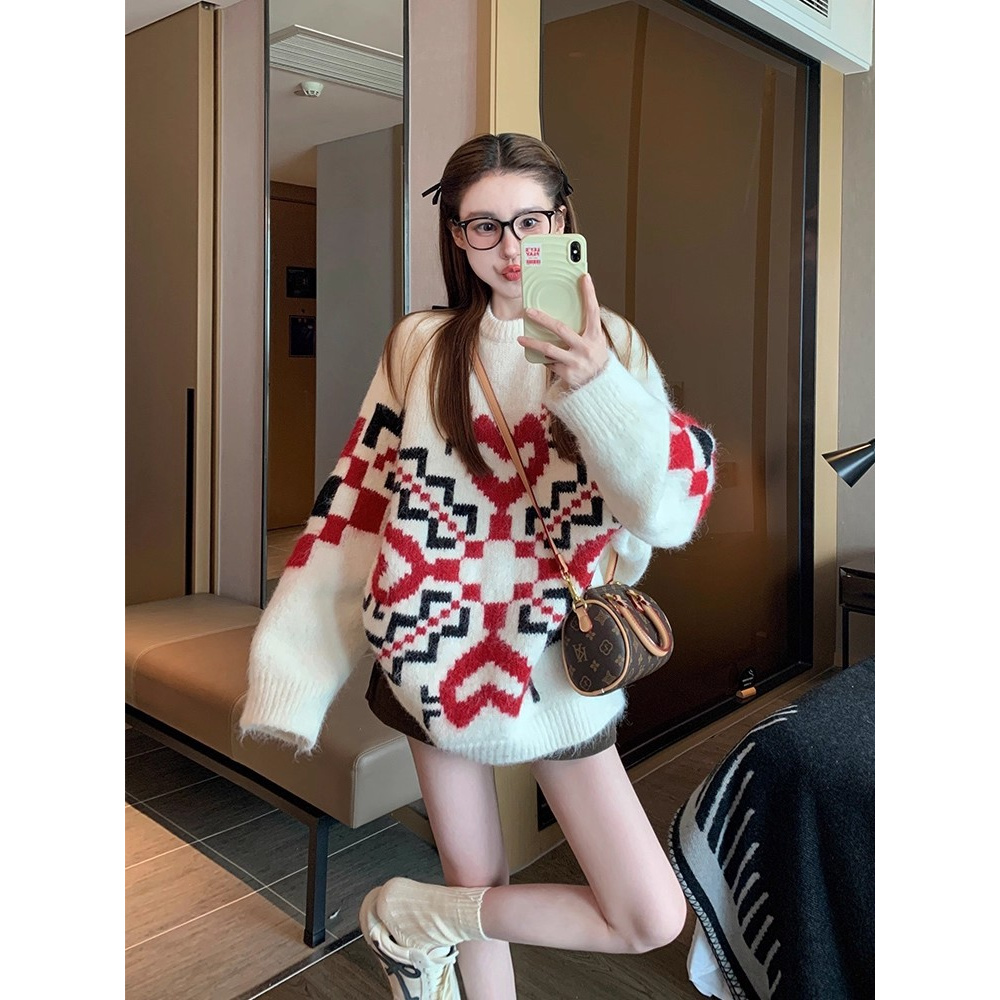 园园美衣提花套头毛衣女2026新款秋冬加厚软糯慵懒复古针织衫上衣